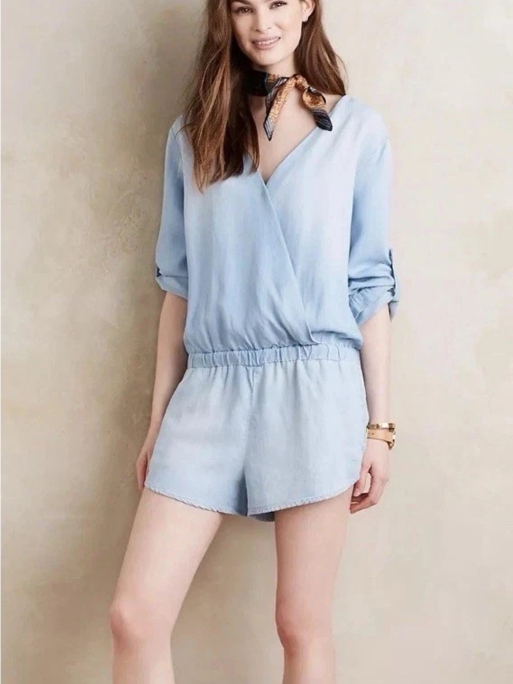 Cloth and Stone Anthropologie Chambray Surplus Blue Romper Shorts Small Pockets